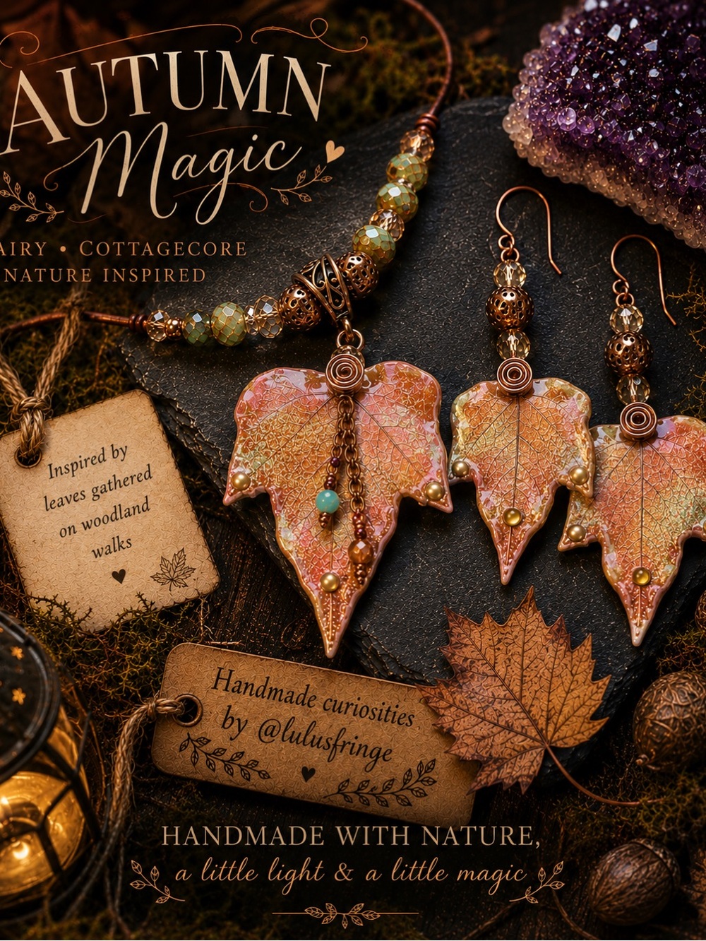REDUCED Autumn Leaf Jewelry Set Fairycore Earrings And Pendant | Artisan Jewelry